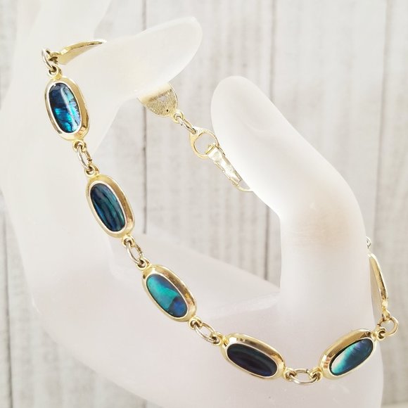 Vintage Blue Green Abalone Shell Gold Tone - Picture 2 of 3